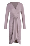 ピンク ファッション カジュアル パッチワーク V ネック ロング スリーブ ドレス