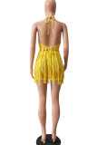 Yellow Sexy Solid Tassel Hollowed Out Patchwork Halter Sleeveless Two Pieces