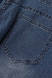Blue Casual Solid Patchwork Mid Waist Regular Flare Leg Denim Jeans