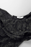 Black Elegant Patchwork Flounce Asymmetrical Oblique Collar Evening Dress Dresses