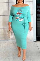 Голубая сексуальная юбка с буквенным принтом и открытыми плечами, одноступенчатая юбка, платья больших размеров