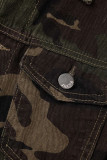Armeegrün Lässiger Druck Camouflage-Druck Patchwork-Schnalle Umlegekragen Langarm Gerade Jeansjacke