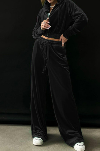 Black Casual Solid Patchwork Zipper Hooded Collar Long Sleeve Two Pieces