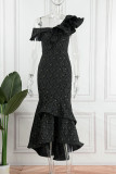 ブラック エレガント パッチワーク フラウンス 非対称 斜めカラー イブニングドレス ドレス