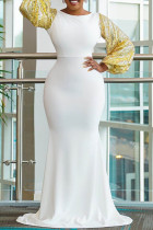 Vita sexiga formella solida paljetter Patchwork rygglös O-hals långärmade klänningar
