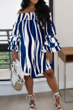 Blue Casual Print Patchwork Flounce Off the Shoulder Straight Dresses