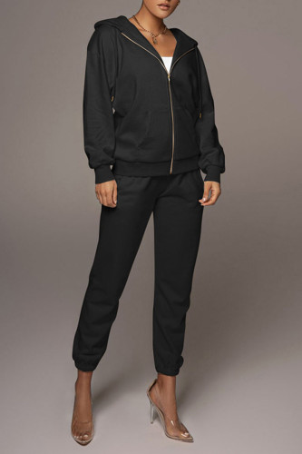 Black Casual Street Solid Patchwork Zipper Hooded Collar Long Sleeve Two Pieces