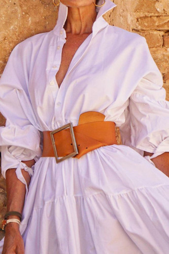 White Casual Solid Patchwork Buckle With Belt Turndown Collar Shirt Dress Dresses