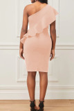 Pink Sexy Solid Patchwork Flounce Oblique Collar One Step Skirt Dresses