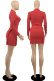 Tangerine Red Casual Solid Patchwork O Neck Pencil Skirt Robes