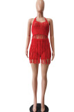 Red Sexy Solid Tassel Hollowed Out Patchwork Halter Sleeveless Two Pieces