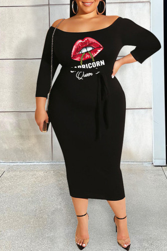 Black Casual Print Bandage Patchwork Off the Shoulder One Step Skirt Plus Size Dresses