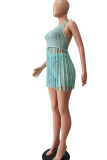 Cyan Sexy Solid Tassel Hollowed Out Patchwork Halter Sleeveless Two Pieces