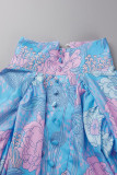 Vestidos evasê de patchwork com estampa doce casual azul gola alta