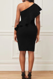 Black Sexy Solid Patchwork Flounce Oblique Collar One Step Skirt Dresses
