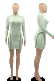 グリーン カジュアル ソリッド パッチワーク O ネック ペンシル スカート ドレス