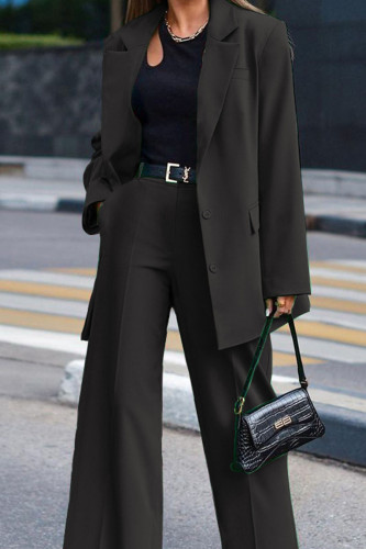 Black Casual Street Solid Patchwork Buttons Turn-back Collar Long Sleeve Two Pieces