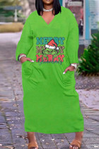 Яблочно-зеленые повседневные прямые платья с принтом в стиле пэчворк и V-образным вырезом
