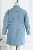 Голубое повседневное однотонное джинсовое платье с отложным воротником в стиле пэчворк Платья больших размеров