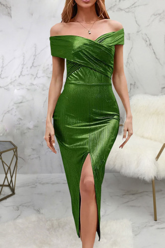 Green Sexy Solid Patchwork Slit Off the Shoulder Pencil Skirt Dresses