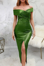 Vestidos de falda de lápiz con abertura en el hombro de patchwork sólido sexy verde