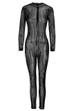 黒のセクシーなラウンド ネック シースルー ホットドリル装飾ワンピース ジャンプ スーツ (裏地なし)