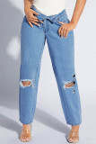 Jeans azul claro casual de retalhos lisos rasgados plus size