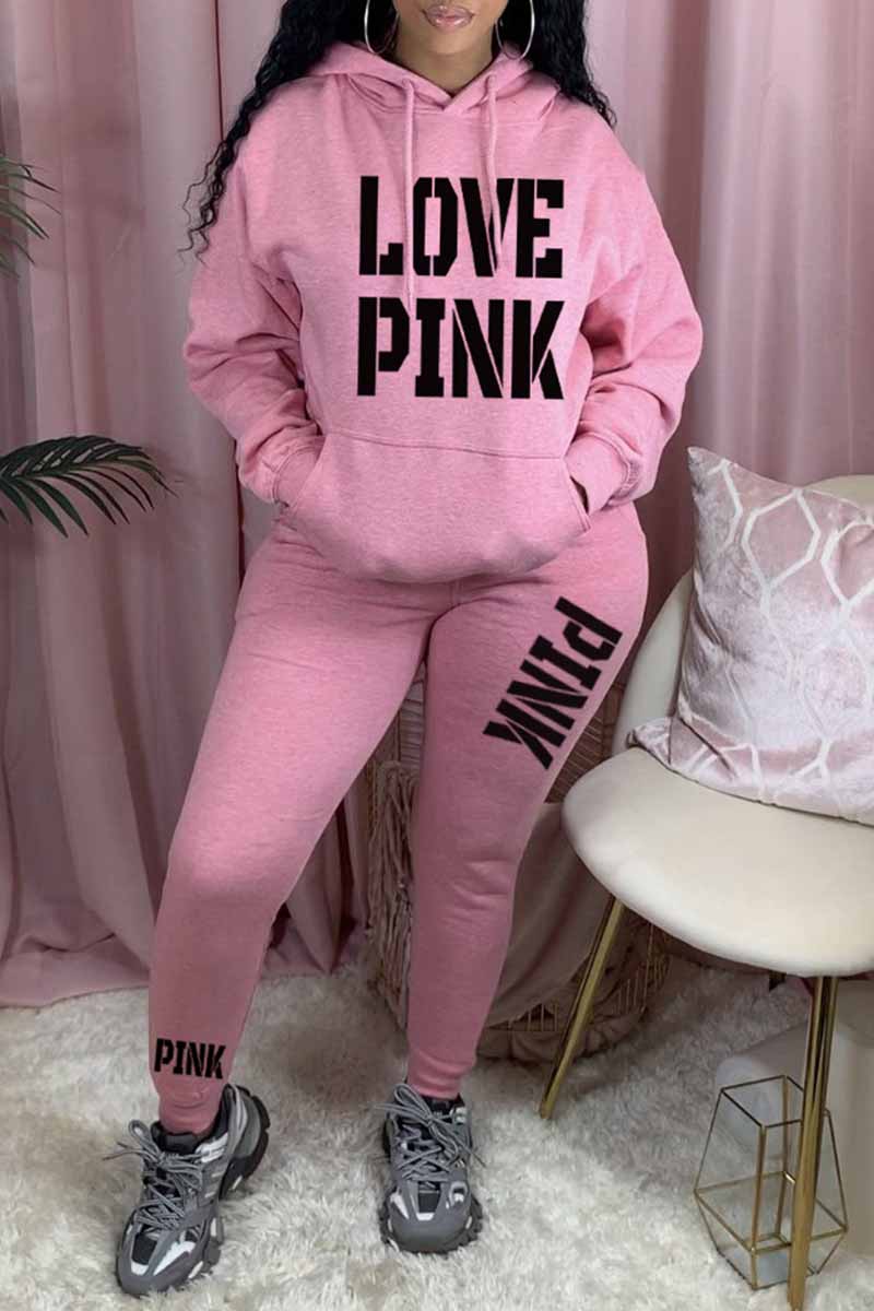 

Pink Casual Print Letter Hooded Collar Long Sleeve Two Pieces
