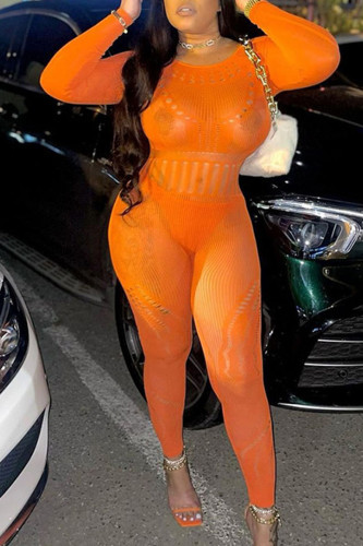 Оранжевый сексуальный сплошной выдолбленный пэчворк с круглым вырезом и длинным рукавом из двух частей