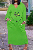 Vestidos rectos con cuello en V y patchwork con estampado informal verde