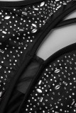 黒のセクシーなパッチワーク ホット ドリル シースルー バックレス スパゲッティ ストラップ イブニング ドレス ドレス