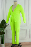 Pantalones cárdigan sólidos informales verdes fluorescentes con cuello en V de talla grande de dos piezas