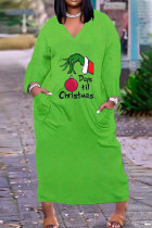 Mörkröd grön Casual Print Patchwork V-hals raka klänningar