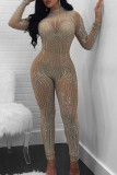 Apricot Sexy Round Neck See-Through Hot Drilling Decorative One-piece Jumpsuits(Without Lining)