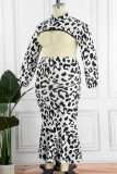 Blanco sexy casual estampado leopardo ahuecado cuello alto más tamaño dos piezas