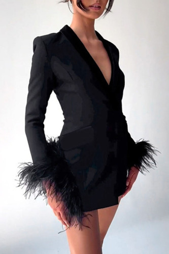 Black Party Solid Patchwork Feathers Turn-back Collar Outerwear