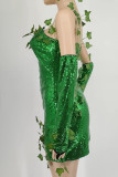Robes de robe à bretelles asymétriques en patchwork uni vert sexy (avec manches)