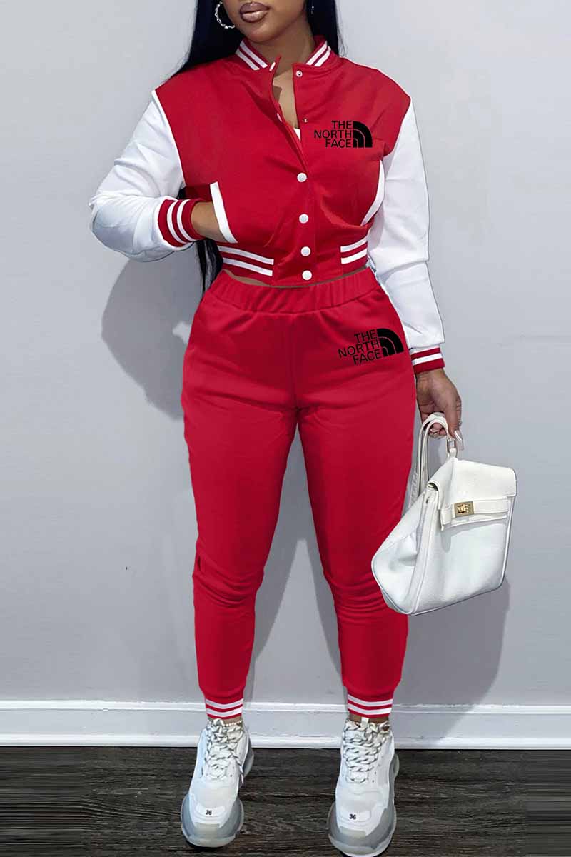 

Red Casual Letter Patchwork Mandarin Collar Long Sleeve Two Pieces