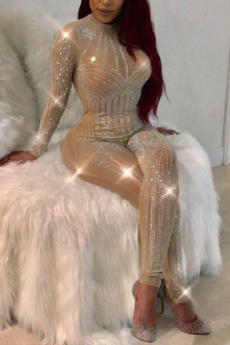 Apricot Sexy Round Neck See-Through Hot Drilling Decorative One-piece Jumpsuits(Without Lining)