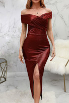 Rojo sexy sólido patchwork hendidura fuera del hombro lápiz falda vestidos