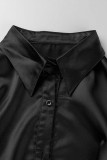 Schwarzes, lässiges, solides Kordelzug-Frenulum-Falten-Hemdkleid mit Umlegekragen