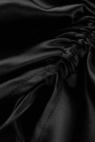 Negro Casual Sólido Draw String Frenulum Fold Turndown Collar Shirt Dress Vestidos