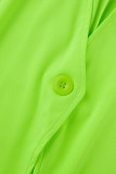 Pantalones cárdigan sólidos informales verdes fluorescentes con cuello en V de talla grande de dos piezas