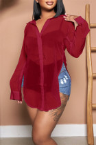 Bourgondië Sexy Casual Solid See-through Shirt Kraag Tops