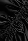 Negro Casual Sólido Draw String Frenulum Fold Turndown Collar Shirt Dress Vestidos