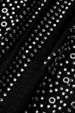 Zwarte sexy ronde hals doorzichtige hete boor decoratieve jumpsuits uit één stuk (zonder voering)