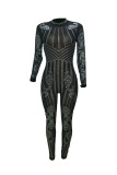 Apricot Sexy Round Neck See-Through Hot Drilling Decorative One-piece Jumpsuits(Without Lining)