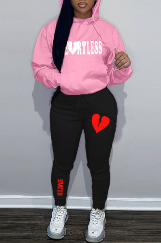 Pink Casual Letter Print Hooded Collar Long Sleeve Sweatshirt And Pants Sportwear Two Piece Jogger Set