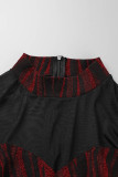 Robes de grande taille rouge sexy décontracté imprimé patchwork col roulé transparent à manches longues