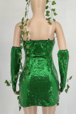 Зеленые сексуальные однотонные асимметричные платья в стиле пэчворк без бретелек (с рукавами)